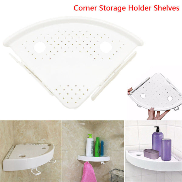 No Drill Bathroom Corner Shelf, White Fan Shaped Adhesive Corner Holder with Drain Holes and Hooks, Wall Mount Organizer for Shampoo Toiletries
