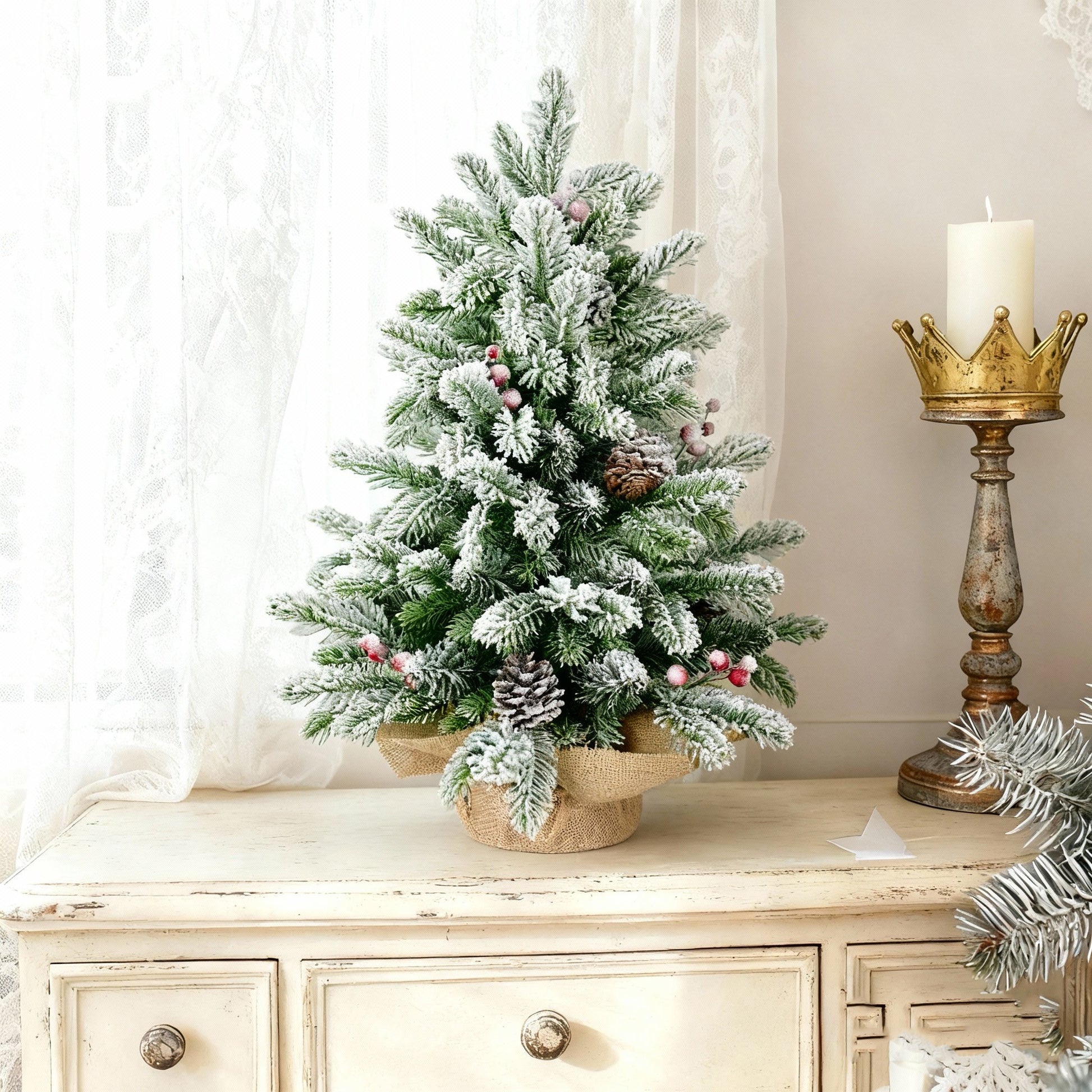 3ft PE/PVC Flocked Jute Christmas Tree - 28pcs Decorations (14 Pine Cones +14 Red Fruits) Mini Tabletop Holiday Decor