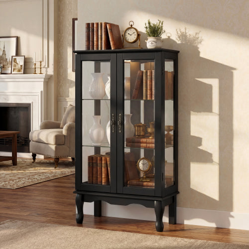 AEELLEEA Black Curio Display Cabinet with Tempered Glass Doors, Adjustable Shelves & Acrylic Mirror Back Panel