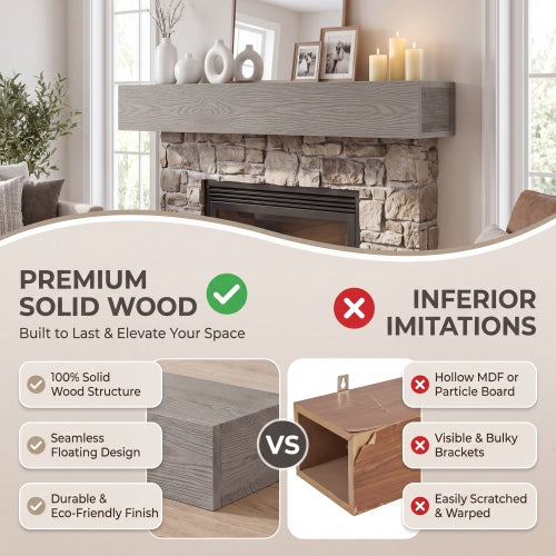 AEELLEEA 48-Inch Solid Wood Floating Fireplace Mantel Shelf, Gray, 9 x 6 Inches, 50 lb Capacity