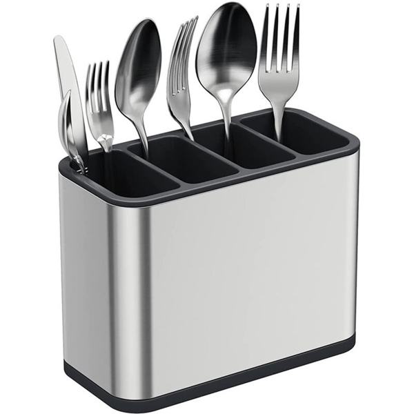 Stainless Steel Cutlery Holder, 4 Compartment Knife Fork Spoon Organizer with Drain Hole, Removable Non-Slip Kitchen Utensil Caddy for Countertop Drawer