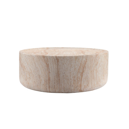 AEELLEEA Round Coffee Table, Beige Stone-Look Modern Low Table, 31.89-Inch Wide