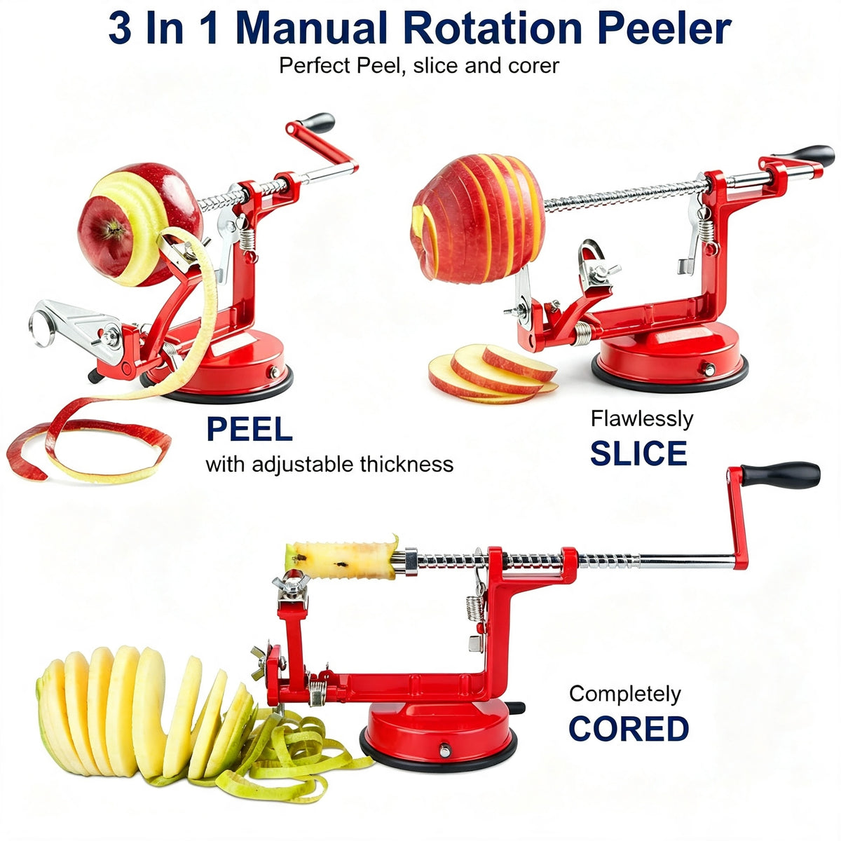 3 in 1 Apple Peeler Slicer Corer, Manual Hand Crank Fruit Peeler with Strong Suction Base, Stainless Steel Blade for Apple Potato