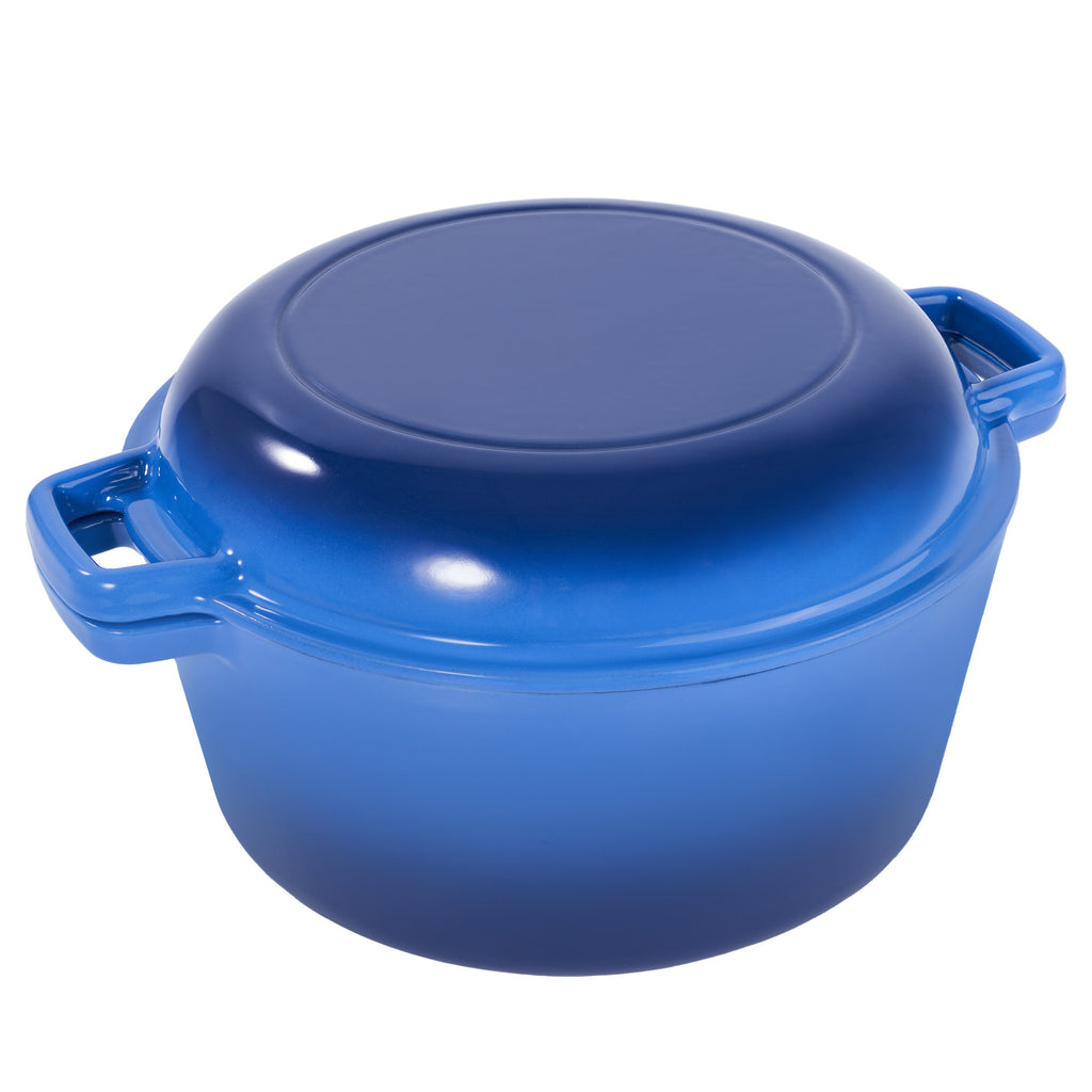 2 in 1 Enameled Cast Iron Dutch Oven, Multi-Functional Cover as Skillet, Dual Handles, Oven Safe, 3 Colors Available for Baking, Braising, Stewing