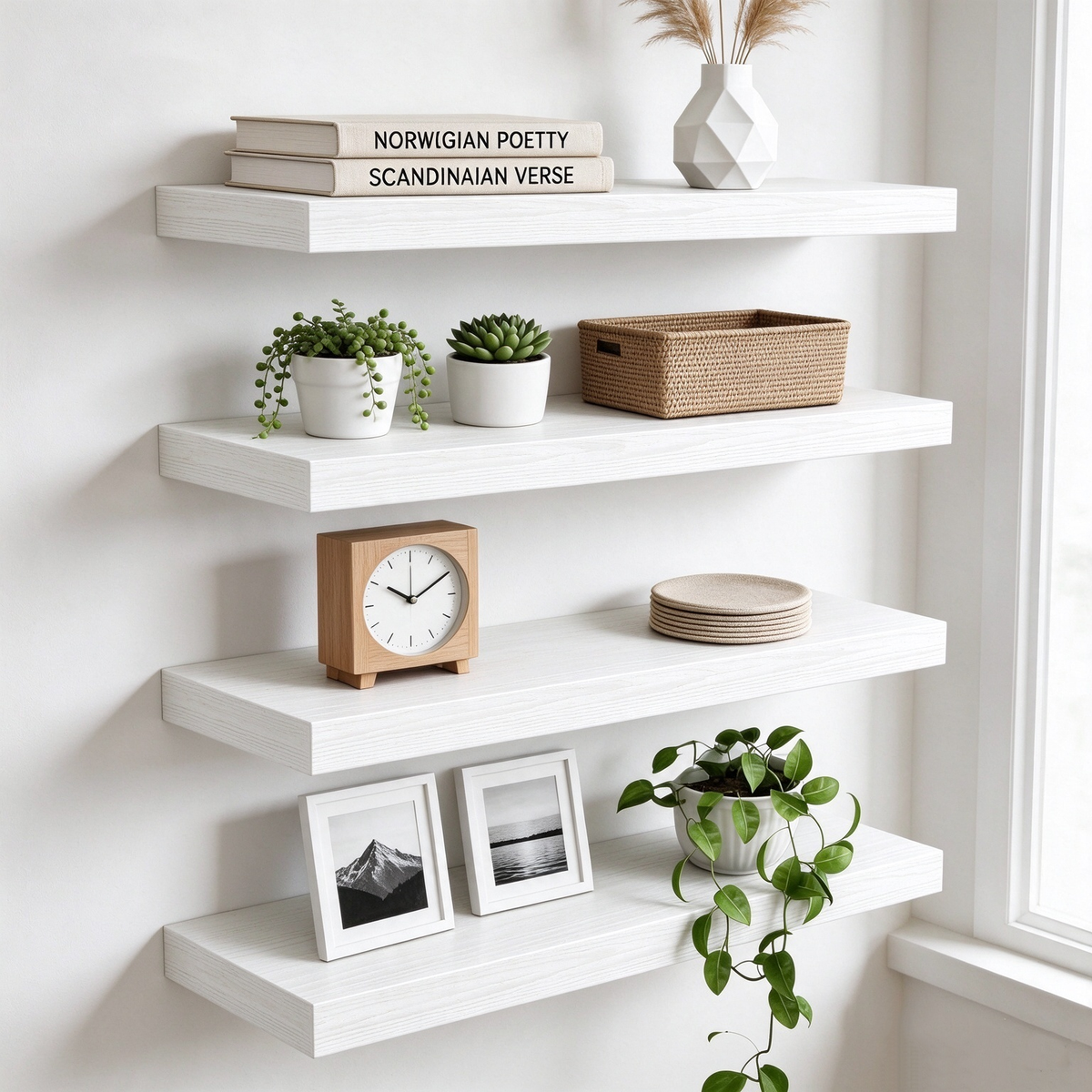 4-Pack 15.8-Inch Floating Wall Shelves, Black Embossed Wood Grain MDF Boards with Iron Brackets for Home Décor and Display