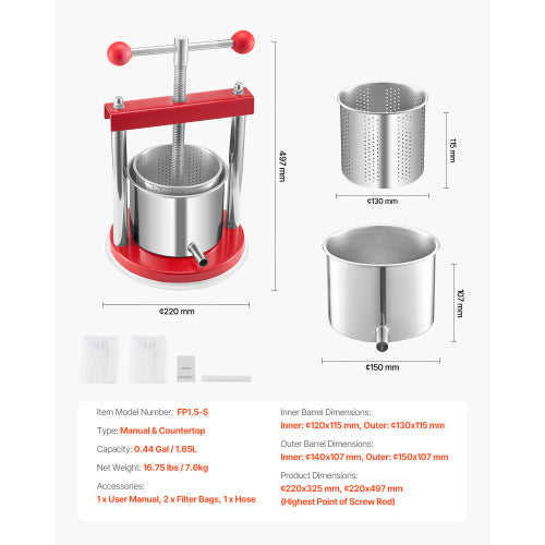 0.44 Gal / 1.65L Manual Fruit Wine Press, Stainless Steel Juice Press with T-Handle, Apple Grape Cider