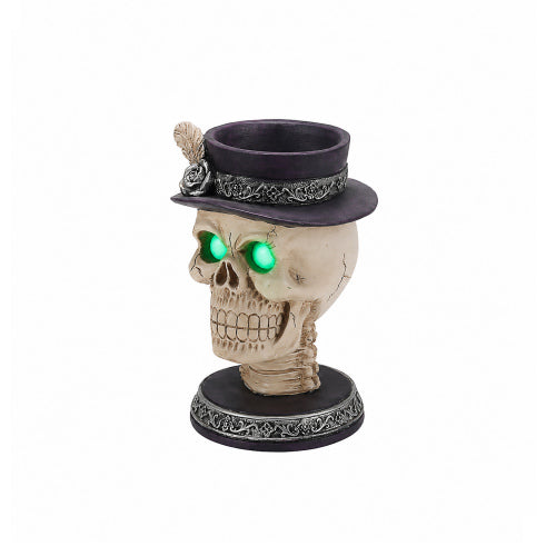 AEELLEEA Halloween Resin Skull Candle Holder ，Feather Top Hat Gothic Statue, Spooky Tabletop Decor for Party