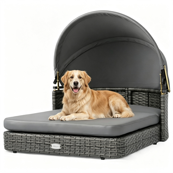 Outdoor Pet Lounge Bed with Canopy, Rattan Dog Chaise Lounge Chair with Adjustable Sun-Protective Canopy and Soft Cushion, 165 lbs for Medium Large Dogs