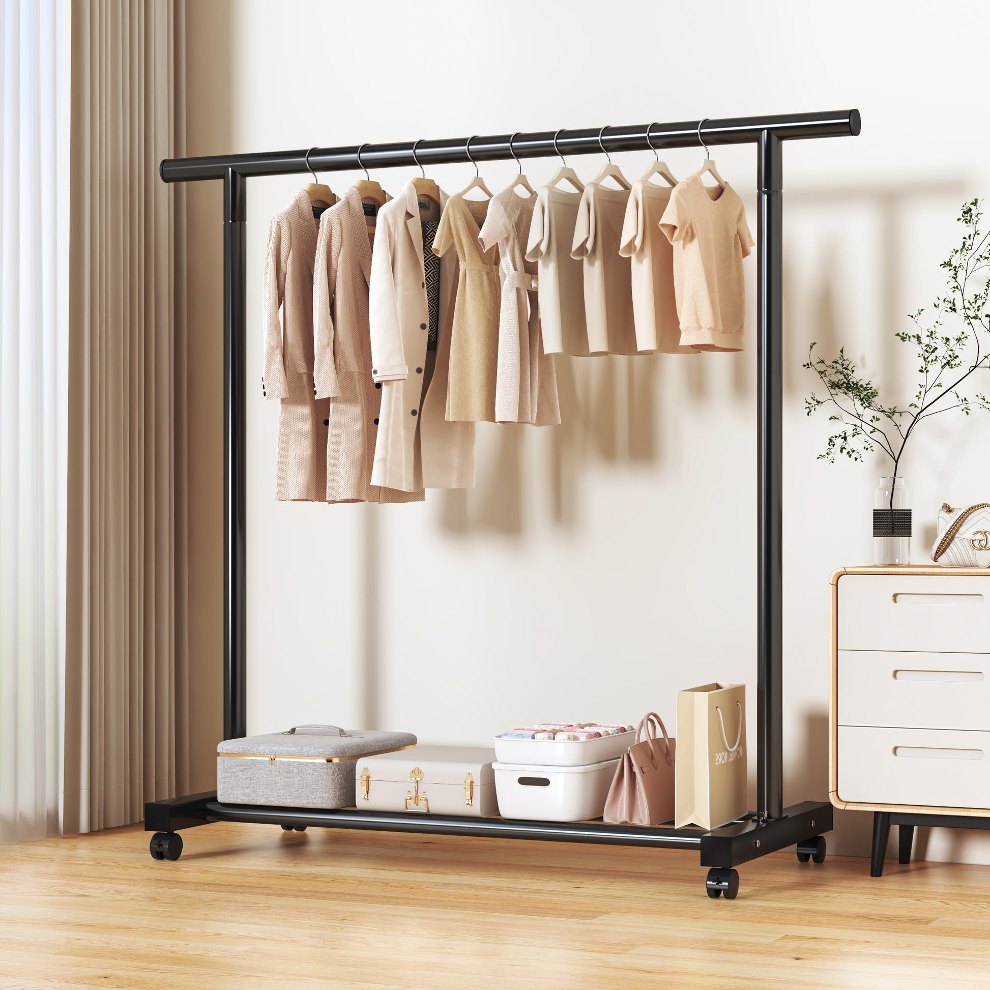 Coat Rack,Dress Up Storage, Freestanding Garment Organizer with Top Rod and Storage Bottom Shelf Space-Saving for Bedroom Home
