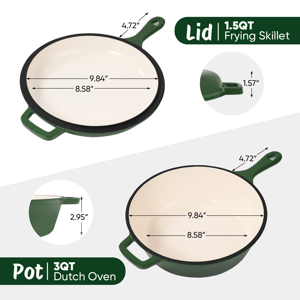 2-in-1 Enameled Cast Iron Combo Cooker, Dutch Oven with Skillet Lid, Multi-use Braising Pot for Stovetop & Oven, Green / Orange Available