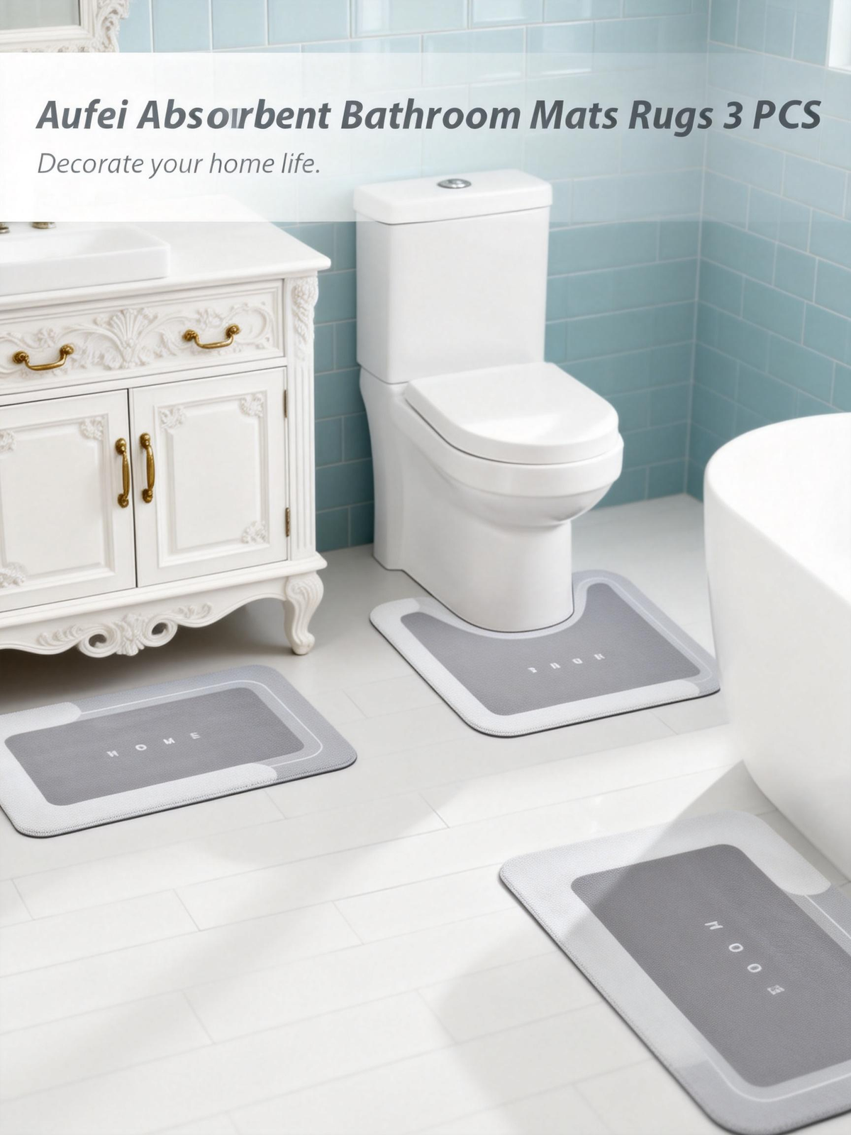 AEELLEEA Diatomite Bathroom Mats Set of 3, Quick Dry Absorbent Non Slip Bath Rugs, U-Shaped Toilet Mat for Bathroom Kitchen