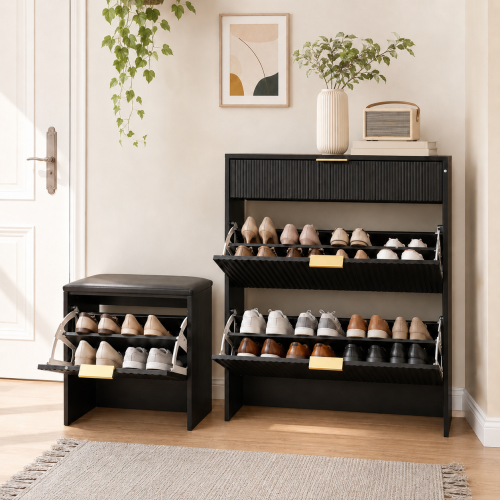 AEELLEEA Fluted Black Shoe Storage Cabinet Set with Padded Shoe Bench, Flip Drawer Narrow Shoe Organizer for Entryway
