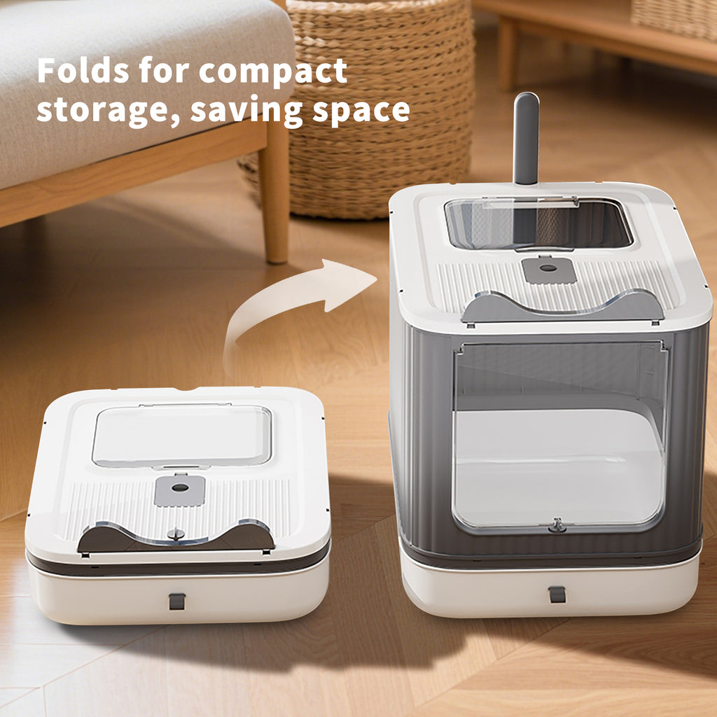 Foldable Enclosed Cat Litter Box with Drawer Tray, Top Exit & Front Entry, Litter Scoop, Gray and white, 19.69" x 13.78" x 13.78"
