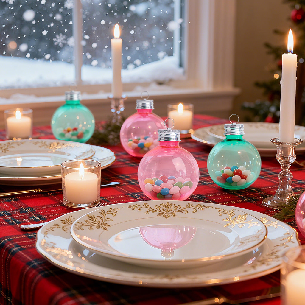 12ct Fillable Christmas Ornament Balls, 5oz Plastic Bulb Containers with Hanging Loops, Pink & Green Tree Decor and Stocking Stuffers