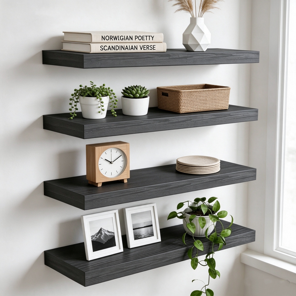 4-Pack 15.8-Inch Floating Wall Shelves, Black Embossed Wood Grain MDF Boards with Iron Brackets for Home Décor and Display
