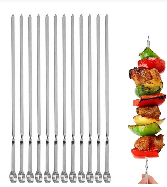 14 Inch Stainless Steel BBQ Skewers, 12 Pack Flat Metal Kabob Skewers, Reusable Grilling Shish Kebob Sticks for Meat, Shrimp, Vegetable Outdoor Barbecue