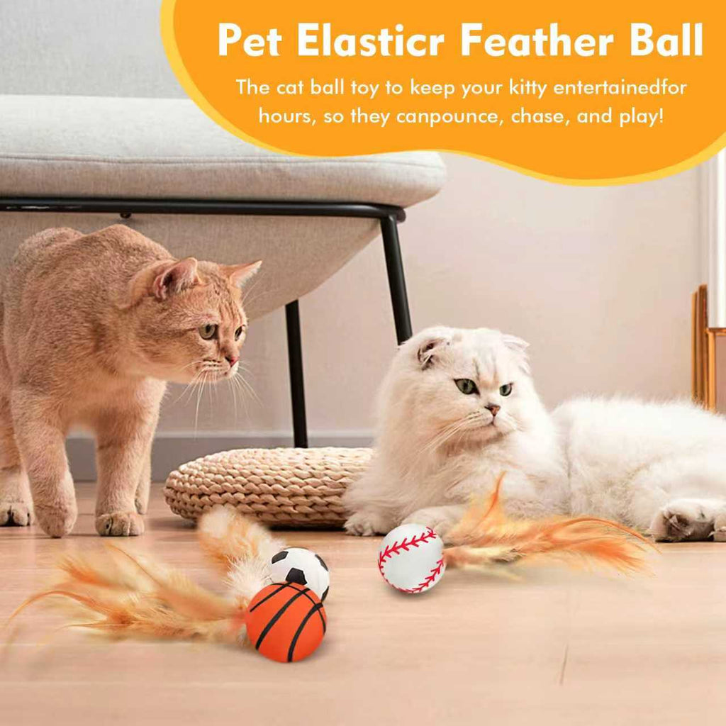 3 Pack Interactive Cat Ball Toys: Bouncy Elastic Balls with Natural Feathers for Indoor Cats & Kittens