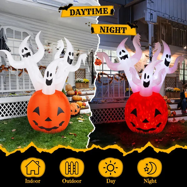5.9 FT Halloween Inflatable Pumpkin Ghost with Built-in LED Lights, Scary Blow up Yard Decor for Lawn, Garden, Indoor Outdoor.