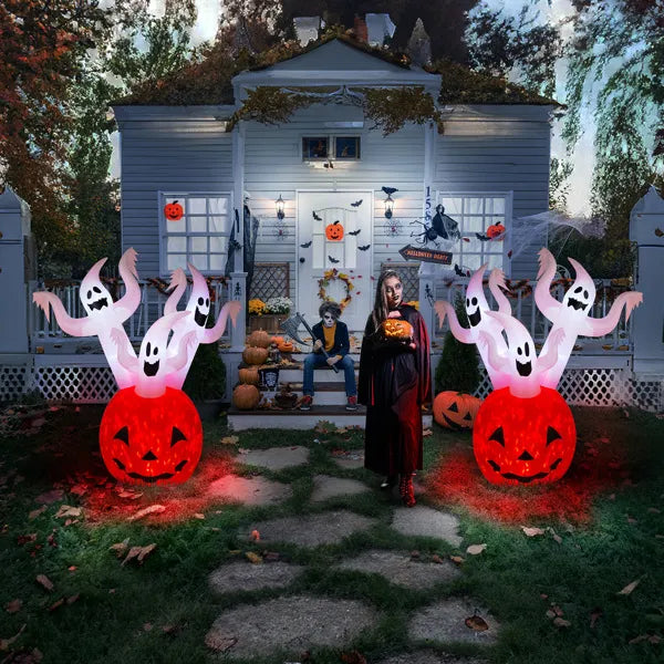 5.9 FT Halloween Inflatable Pumpkin Ghost with Built-in LED Lights, Scary Blow up Yard Decor for Lawn, Garden, Indoor Outdoor.