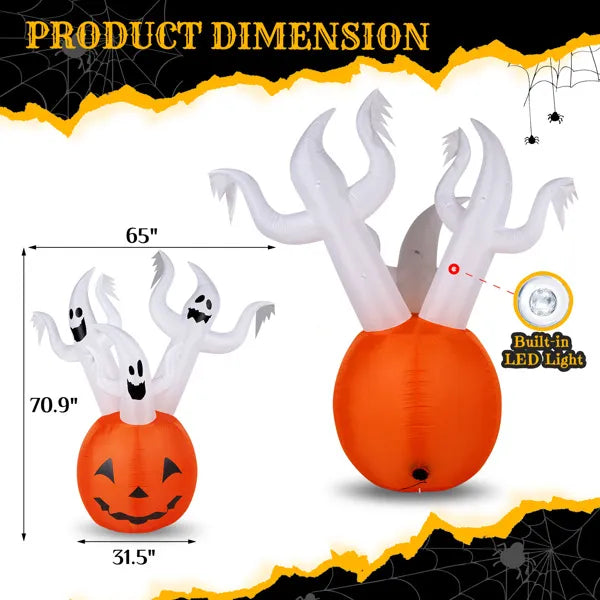 5.9 FT Halloween Inflatable Pumpkin Ghost with Built-in LED Lights, Scary Blow up Yard Decor for Lawn, Garden, Indoor Outdoor.