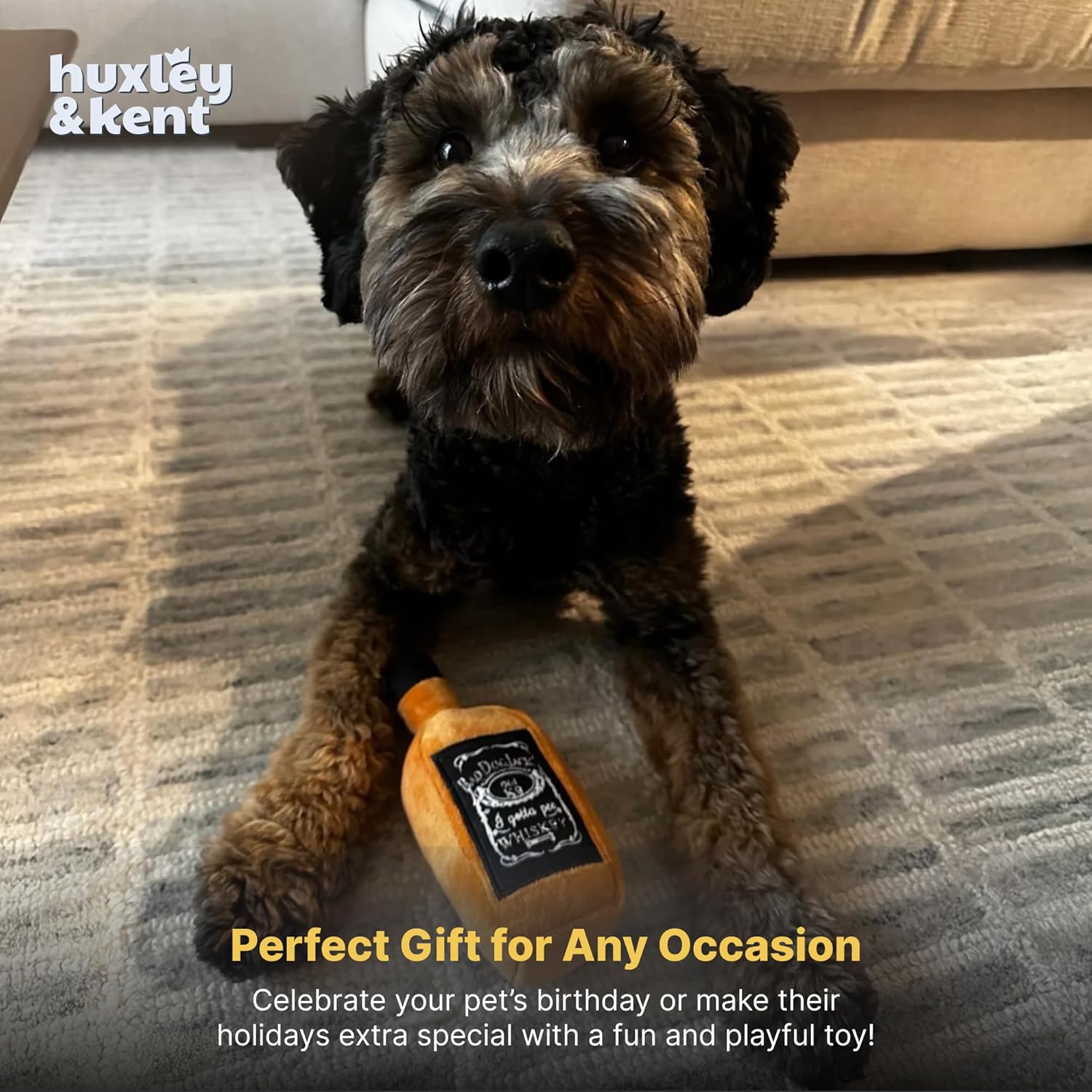 Huxley & Kent Funny Dog Toys w/Squeaker & Crinkl -Stimulating & Interactive Chew Toy for Dogs - Mesh Lined Stuffed Doggie Toy - Easy to Clean Doggie Toys for All Breeds (Bad Dog Jack's Whiskey,Small)