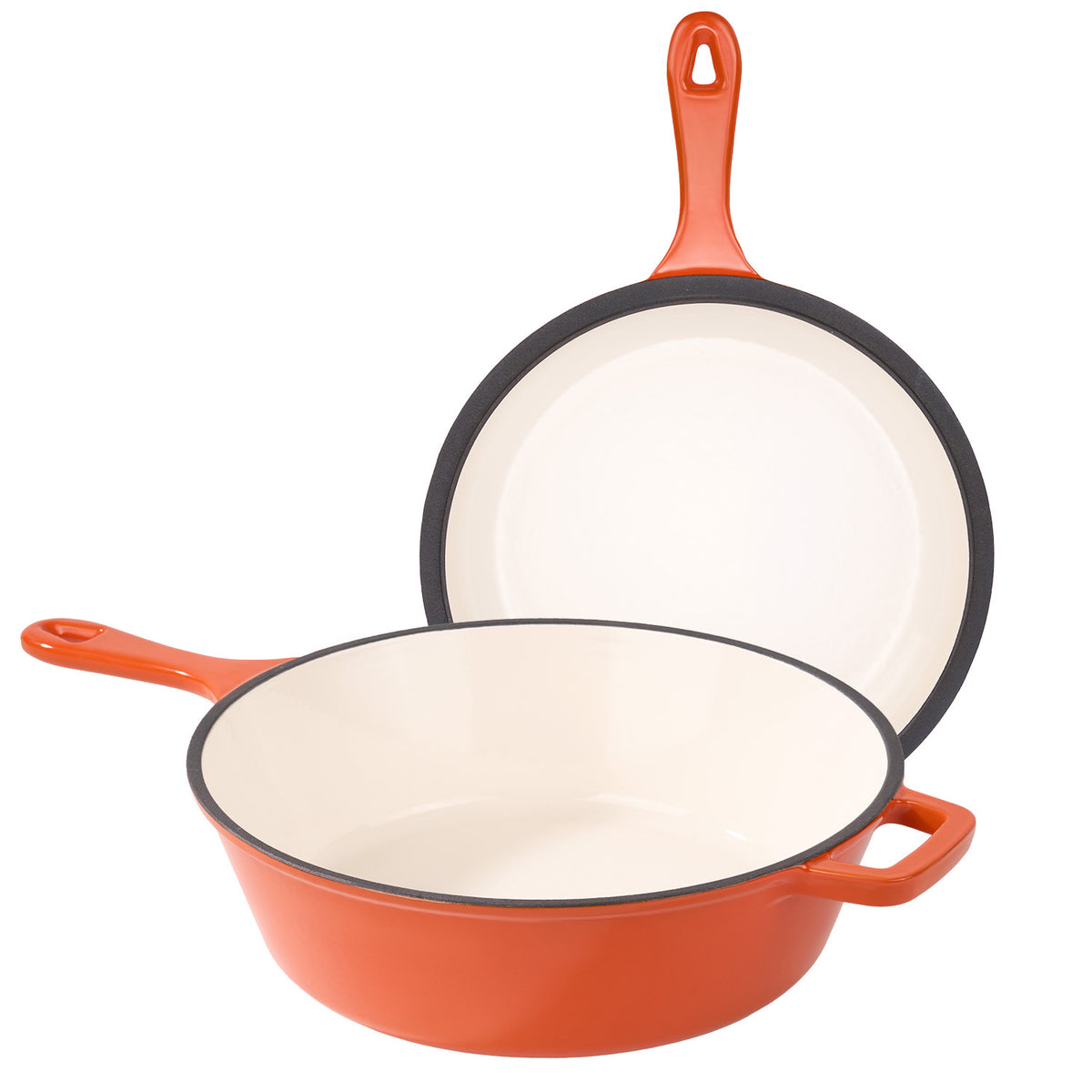 2-in-1 Enameled Cast Iron Combo Cooker, Dutch Oven with Skillet Lid, Multi-use Braising Pot for Stovetop & Oven, Green / Orange Available