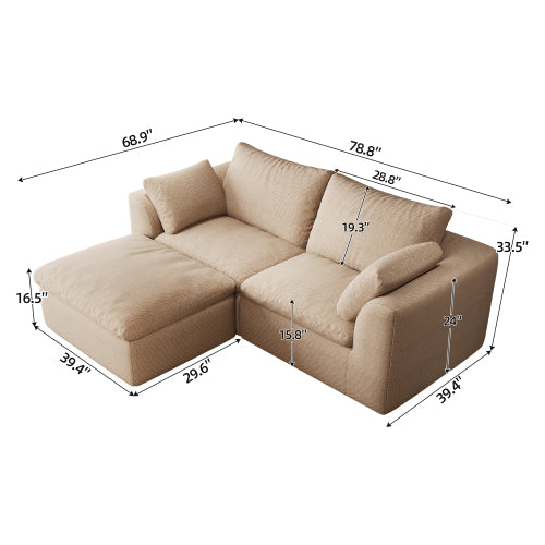 L Shaped Sofa 78 Inch, Modular Khaki Fabric Sectional Sofa with Chaise Lounge and Pillows, Compact Sofa for Living Room