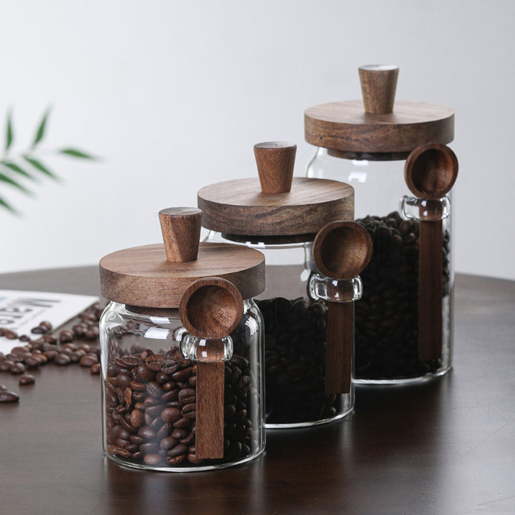 Glass Coffee Bean Storage Jar with Wooden Lid and Spoon, Clear Kitchen Canister, 15/18.5/25 oz