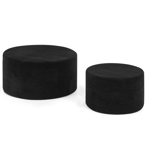 AEELLEEA Set of 2 Black Round Ottomans, Ribbed Upholstered Footstools for Living Room