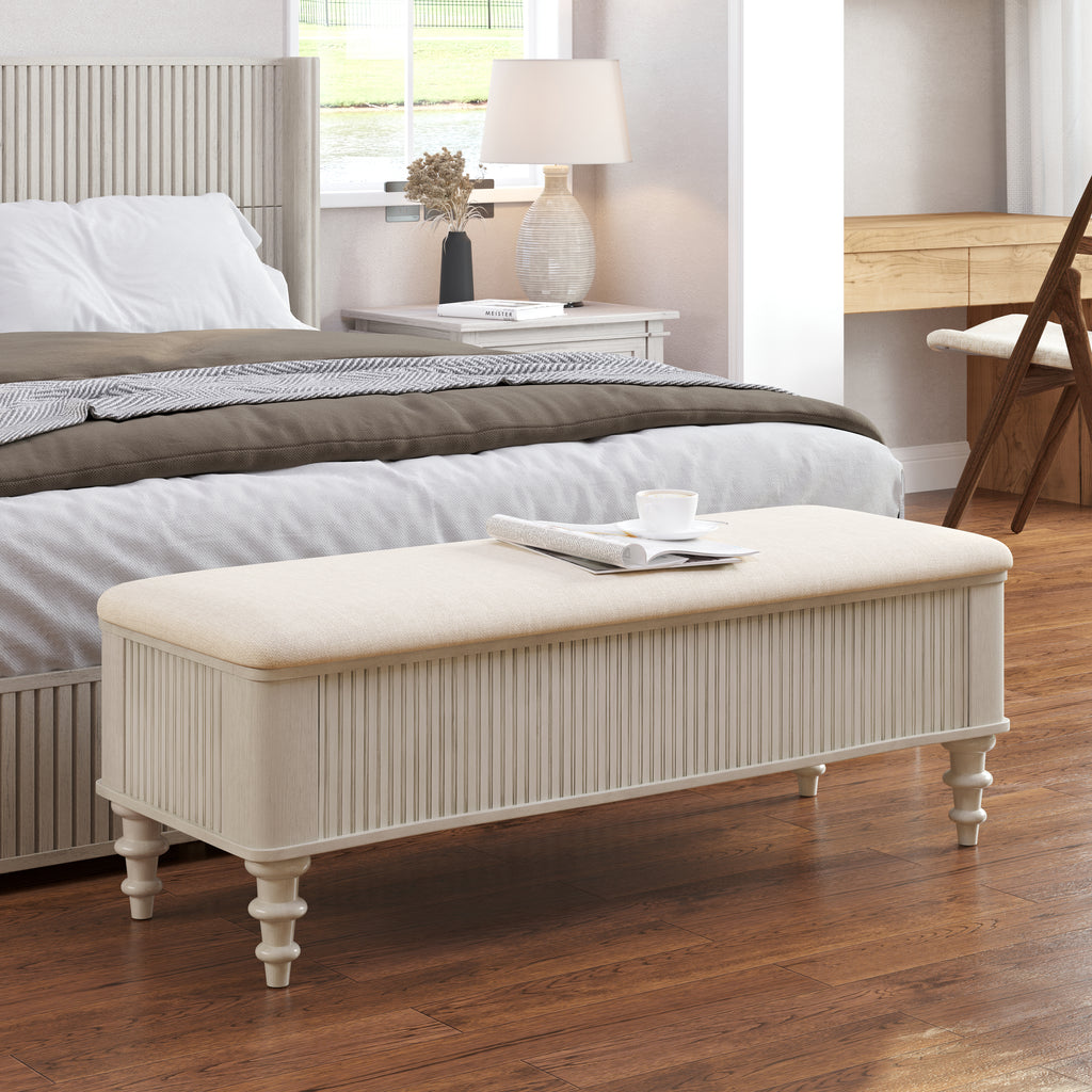 AEELLEEA 50.8" Beige Storage Ottoman Bench, Rubberwood Bed End Bench, Linen Upholstery Hidden Storage for Bedroom Entryway