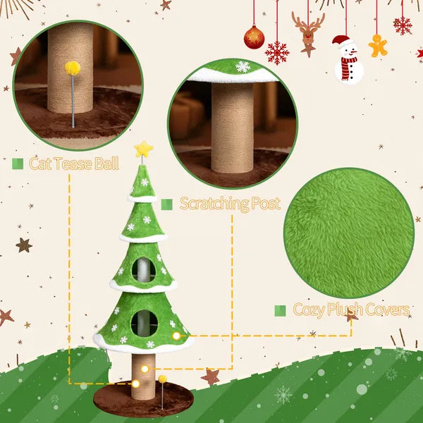 Aeelleea 59.1 Inch Christmas Tree Cat Tree, Large Cat Tower with 2 Cat Condos, Sisal Scratching Post and Toy Ball for Indoor Cats, Green White