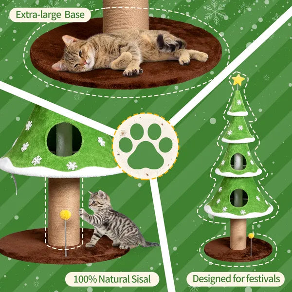 Aeelleea 59.1 Inch Christmas Tree Cat Tree, Large Cat Tower with 2 Cat Condos, Sisal Scratching Post and Toy Ball for Indoor Cats, Green White