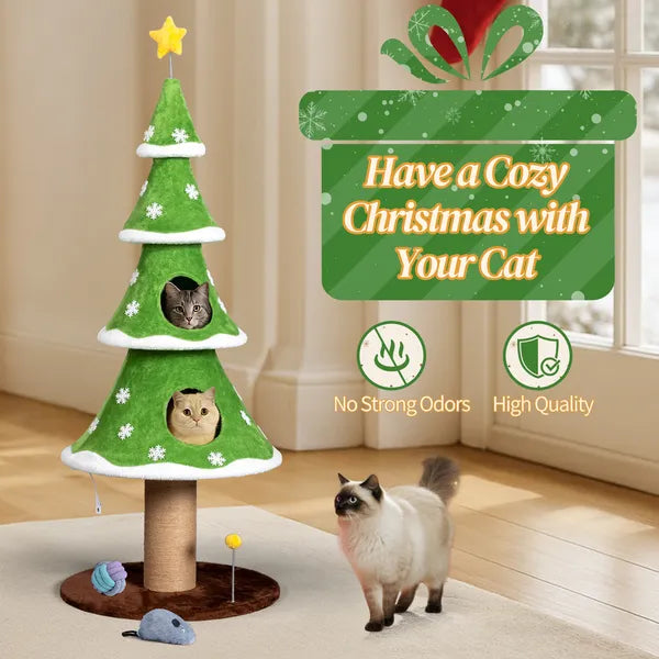 Aeelleea 59.1 Inch Christmas Tree Cat Tree, Large Cat Tower with 2 Cat Condos, Sisal Scratching Post and Toy Ball for Indoor Cats, Green White