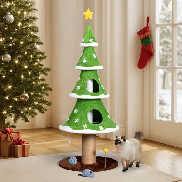Aeelleea 59.1 Inch Christmas Tree Cat Tree, Large Cat Tower with 2 Cat Condos, Sisal Scratching Post and Toy Ball for Indoor Cats, Green White