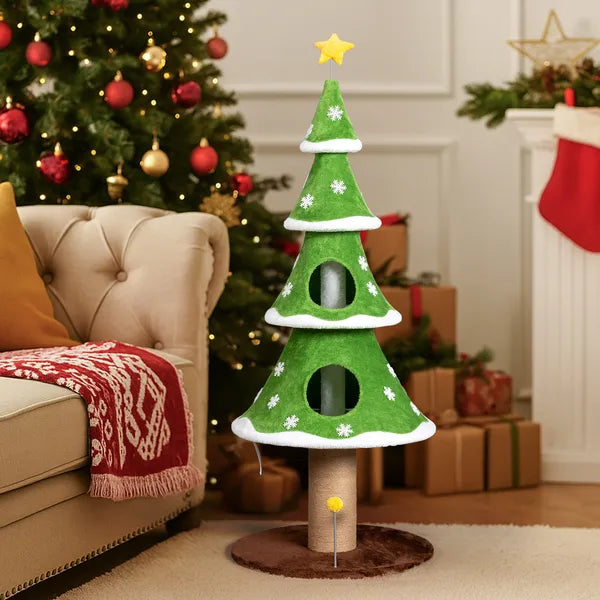 Aeelleea 59.1 Inch Christmas Tree Cat Tree, Large Cat Tower with 2 Cat Condos, Sisal Scratching Post and Toy Ball for Indoor Cats, Green White