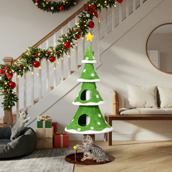 Aeelleea 59.1 Inch Christmas Tree Cat Tree, Large Cat Tower with 2 Cat Condos, Sisal Scratching Post and Toy Ball for Indoor Cats, Green White