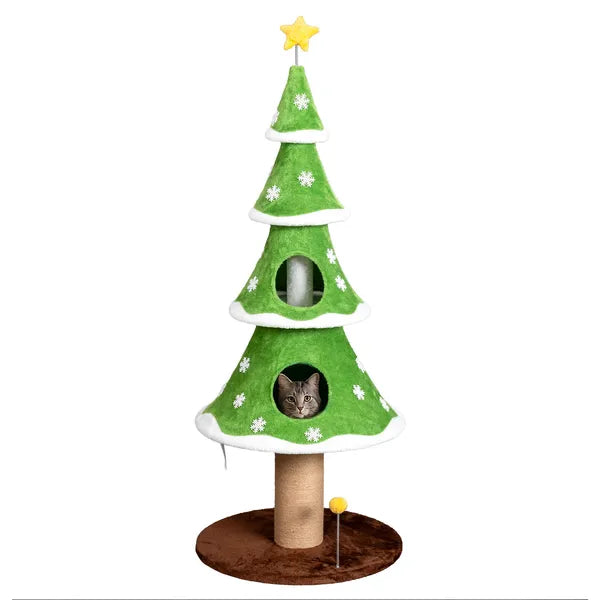 Aeelleea 59.1 Inch Christmas Tree Cat Tree, Large Cat Tower with 2 Cat Condos, Sisal Scratching Post and Toy Ball for Indoor Cats, Green White