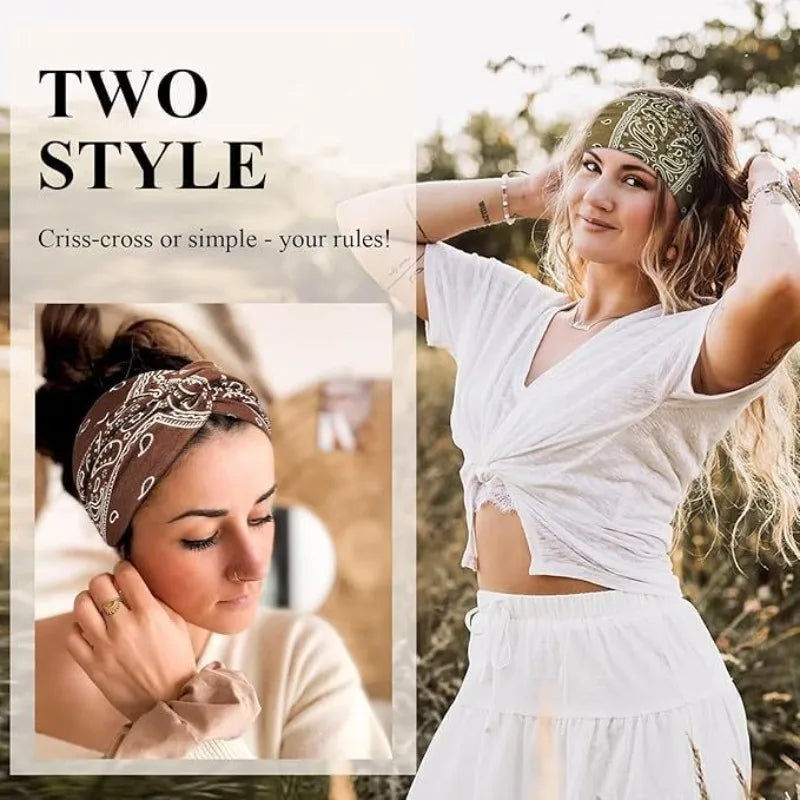Women's Boho Paisley Print Twist Knotted Wide Headband, Stretchy Non Slip Fabric Head Wrap Hair Band for Yoga Workout Daily Wear, 4 Pack