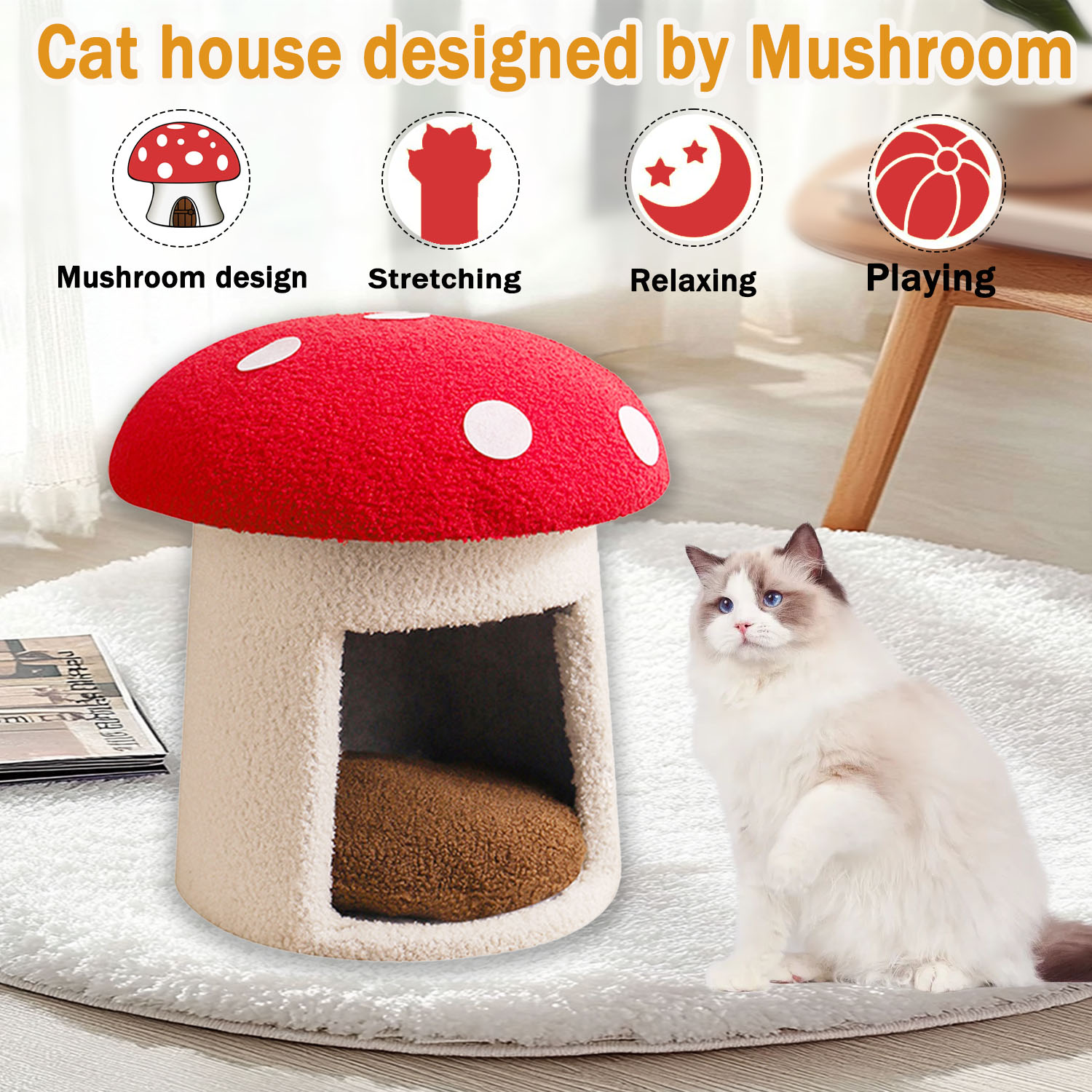 Red Mushroom Style Cat Bed, Large Scratch-Resistant Pet Cave with Removable Washable Cover, All-Season High-Looking Cat House