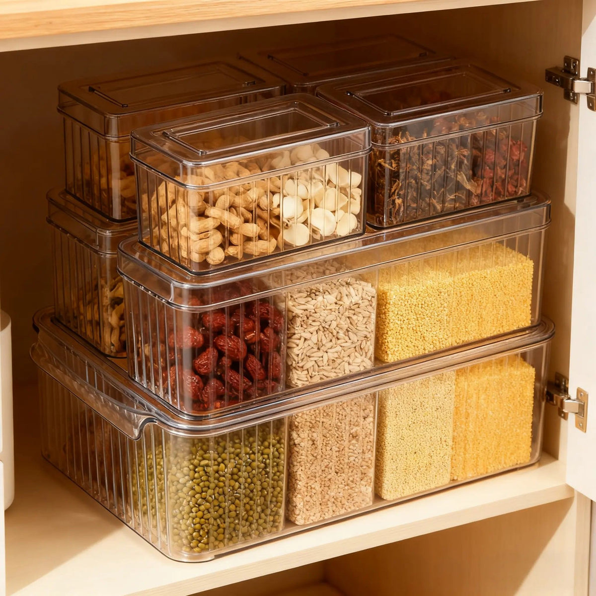 Transparent stackable food storage container with lid, multiple inches, cutlery cabinet for storing grains, nuts, and dry snacks, cabinet storage box