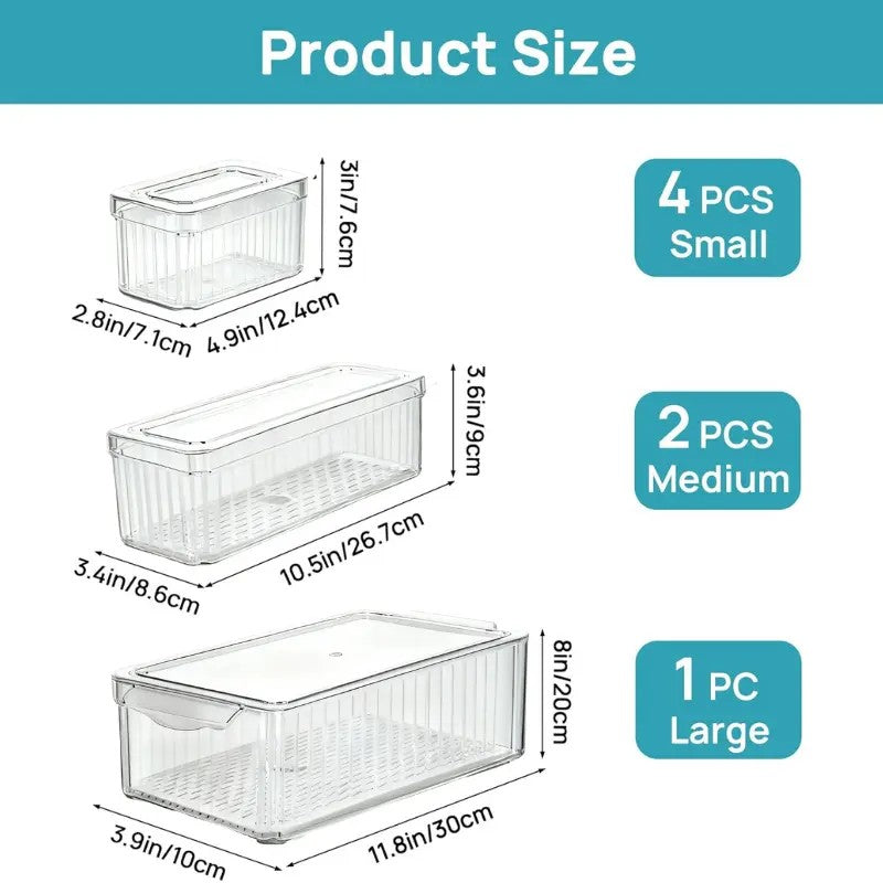 7 Pcs Clear Fridge Organizer Bins with Lids, Stackable Refrigerator Storage, 3 Sizes Pantry Organization Containers for Kitchen Freezer & Cabinet