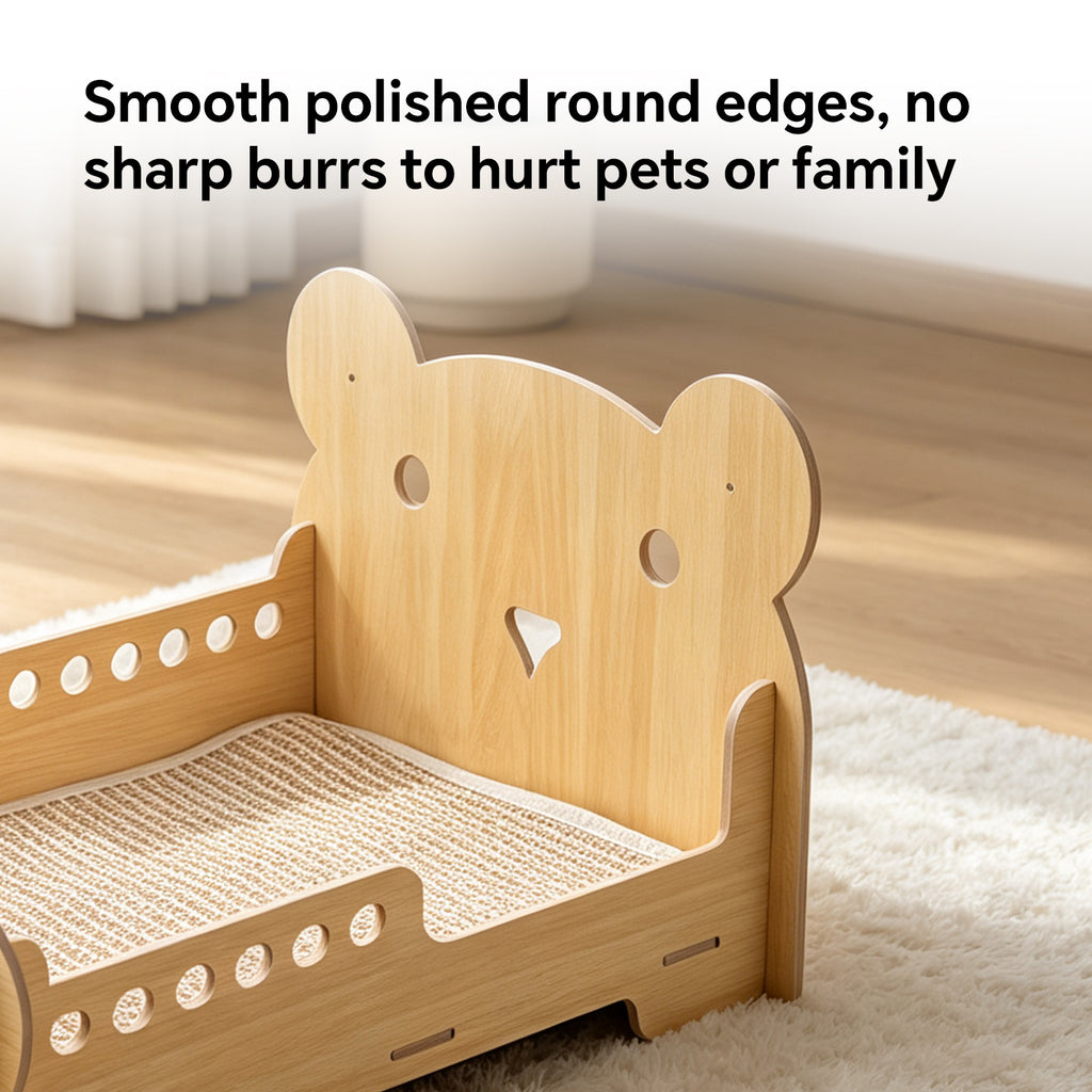 Bear Head Wooden Cat Scratcher Bed, Elevated Cat Lounge Bed with Sisal Mat, Furniture Protector for Small Cats & Dogs