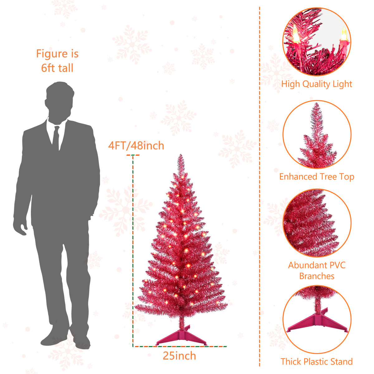 4 FT Red Christmas Tree with 50 Pre-strung UL Lights, 122 Tips Hinged Artificial Holiday Tree with Plastic Stand for Indoor Home Decor.