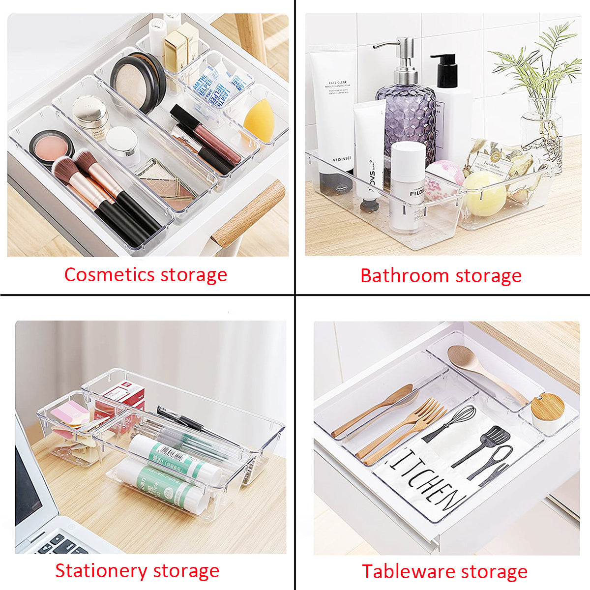 25 Pack Clear Plastic Drawer Organizer Trays, 4 Size Storage Bins with Non-Slip Mats, Multi-Use Drawer Dividers for Vanity Makeup, Jewelry, Kitchen Utensils, Bathroom & Office Desk Storage