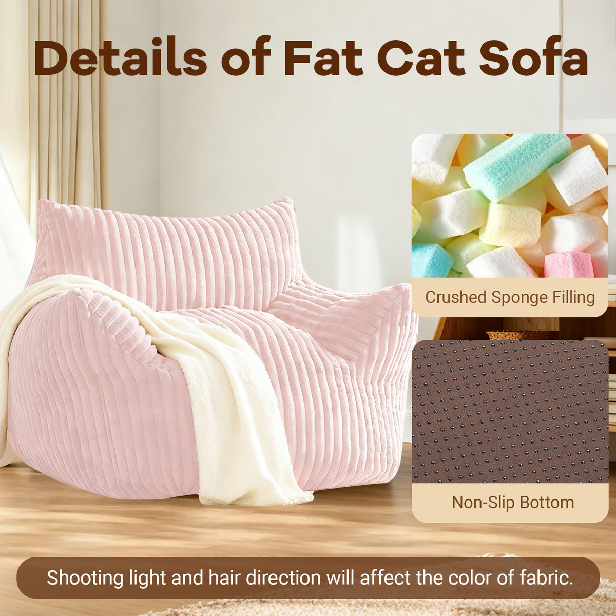 AEELLEEA Pink Striped Faux Fur Bean Bag Chair with Ottoman, Crushed Sponge Lazy Sofa, Oversized Accent Chair for Bedroom Living Room
