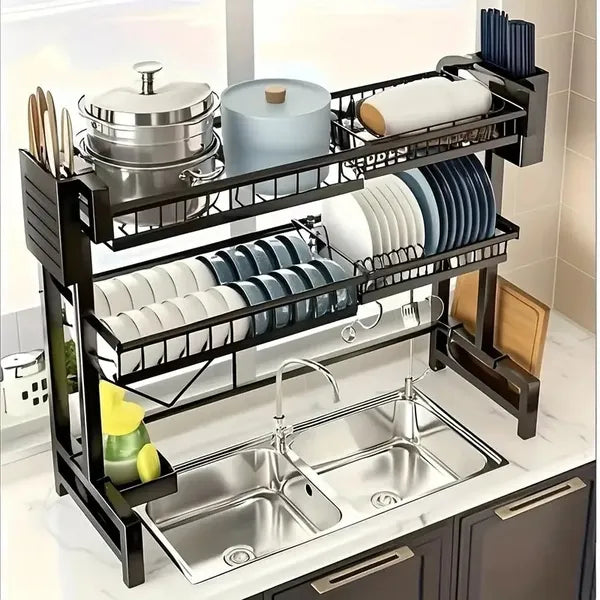 Aeelleea Retractable Dish Drying Rack, Single/Double Layer Countertop Sink Drain Rack, Black Kitchen Dish Storage