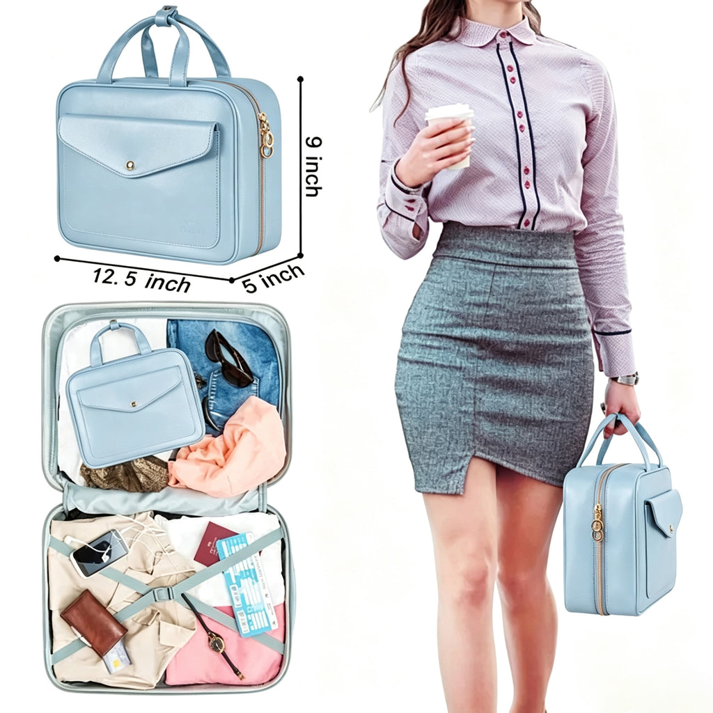 PU Leather Hanging Travel Toiletry Bag, Large Capacity Waterproof Makeup Organizer Case with Hook, Portable Cosmetic Storage Bag for Vacation Business Trip