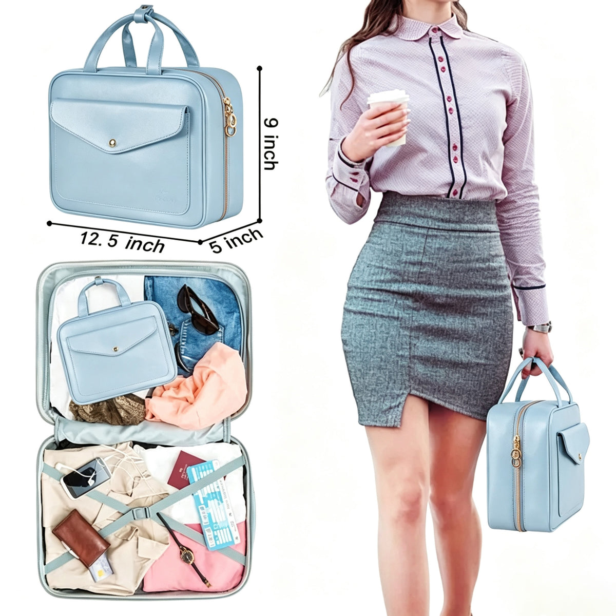PU Leather Hanging Travel Toiletry Bag, Large Capacity Waterproof Makeup Organizer Case with Hook, Portable Cosmetic Storage Bag for Vacation Business Trip