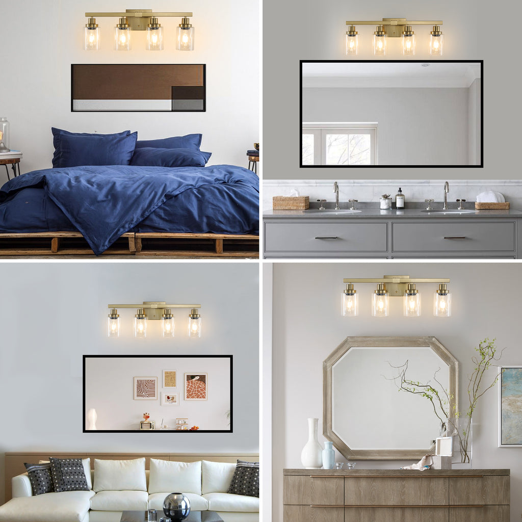 4-Light Vanity Makeup Mirror Lamp, Brass Finish Iron Base & Lamp Cup Connector, Clear Glass Lampshade, Wall Mounted Makeup Light for Dressing Table, Bedroom & Bathroom Home Decor