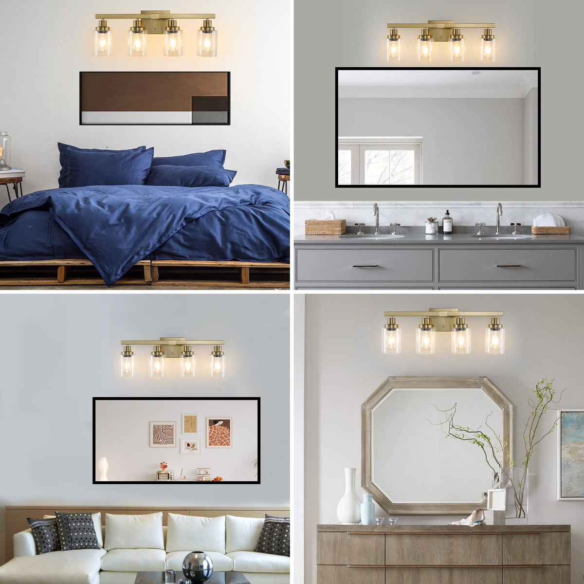 4-Light Vanity Makeup Mirror Lamp, Brass Finish Iron Base & Lamp Cup Connector, Clear Glass Lampshade, Wall Mounted Makeup Light for Dressing Table, Bedroom & Bathroom Home Decor